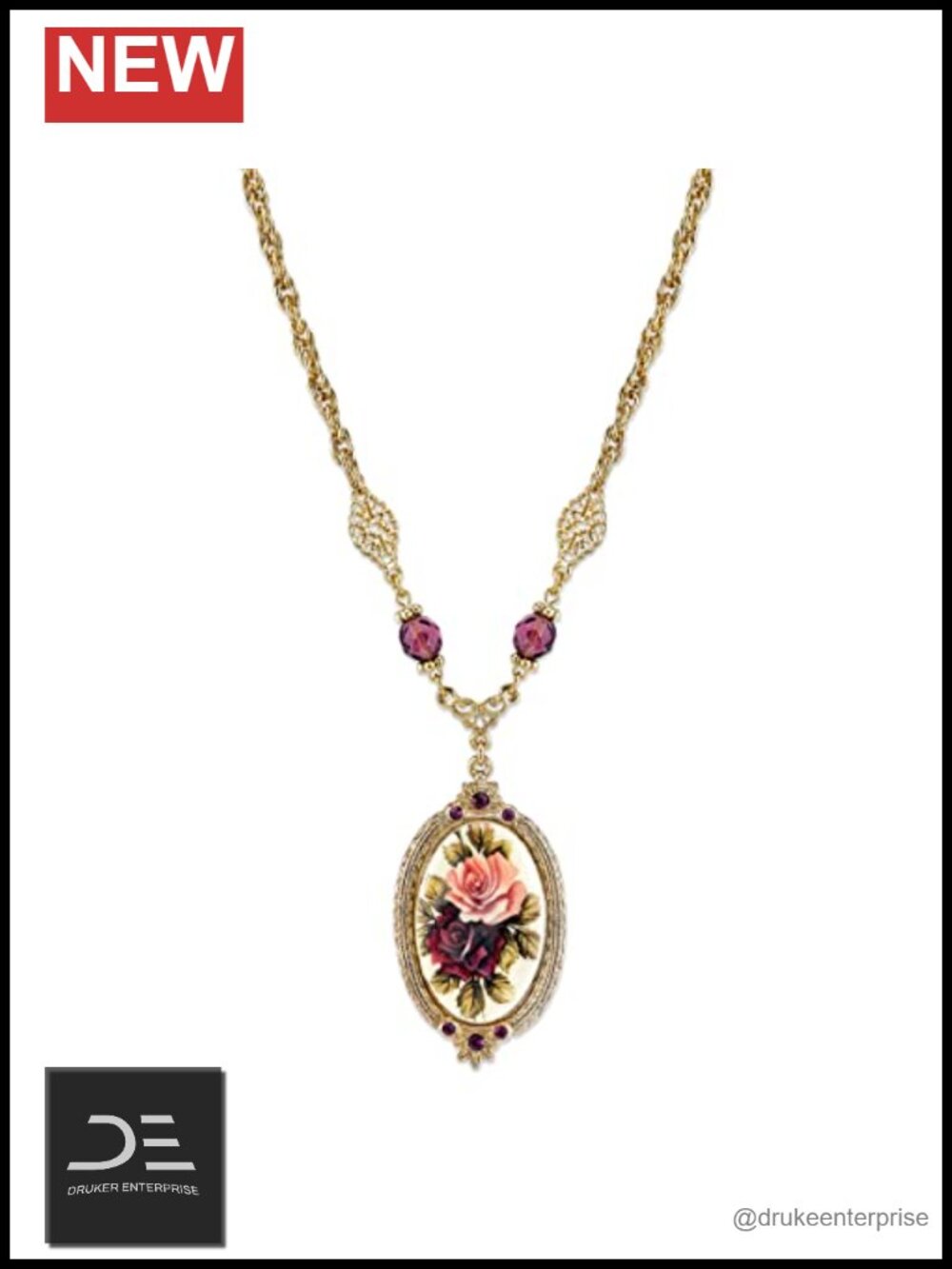 1928 Jewelry Manor House Rose Pendant Necklace 16in Gold Dipped Amethyst Crystal